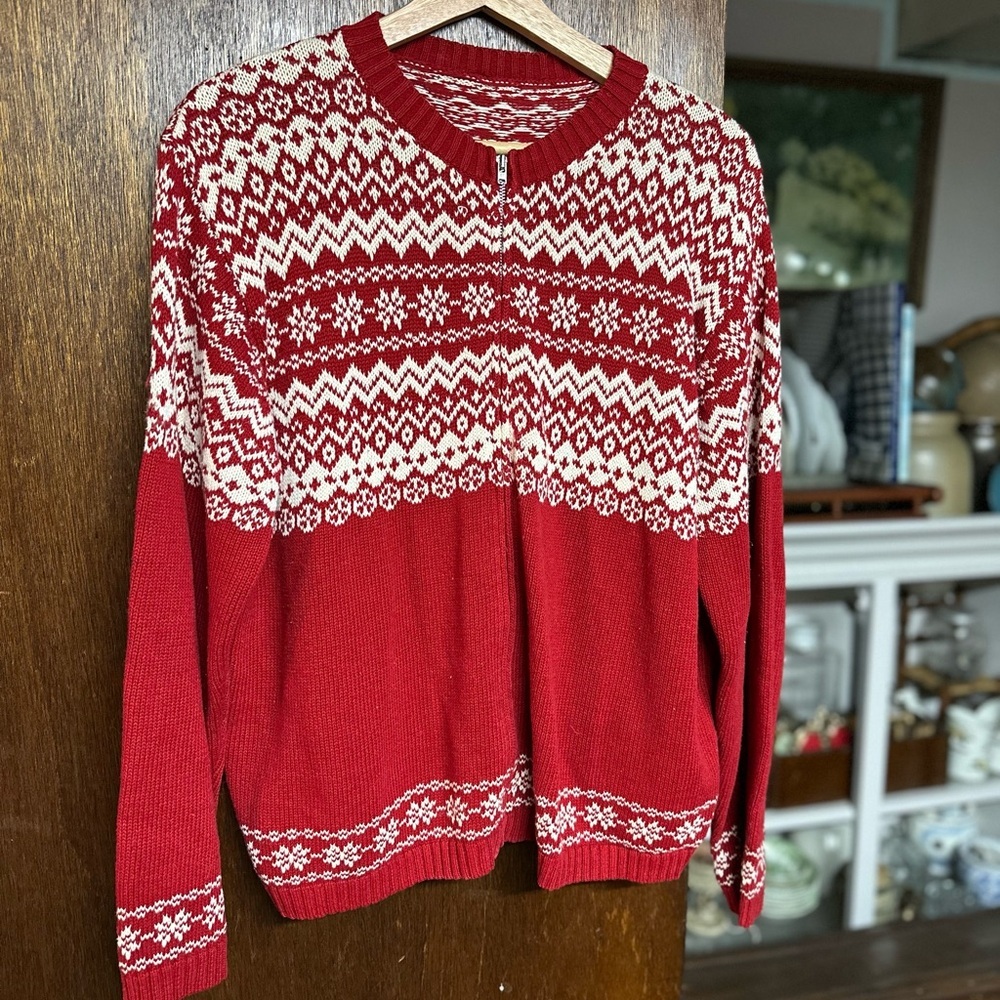Fare Isle Zipper Red White Large No Tags Sweater Zippy Cotton A4 Christmas